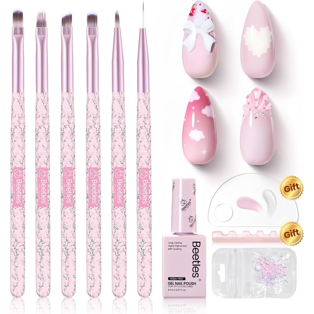 Beetles Gel Polish Nail Art Brushes Set with pink painting gel front view