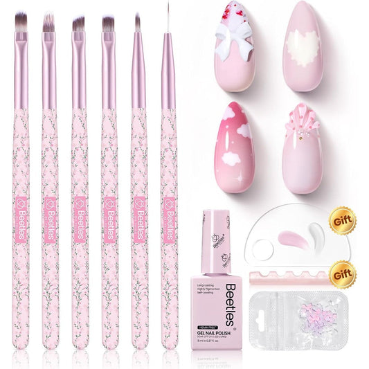 Beetles Gel Polish Nail Art Brushes Set with pink painting gel front view