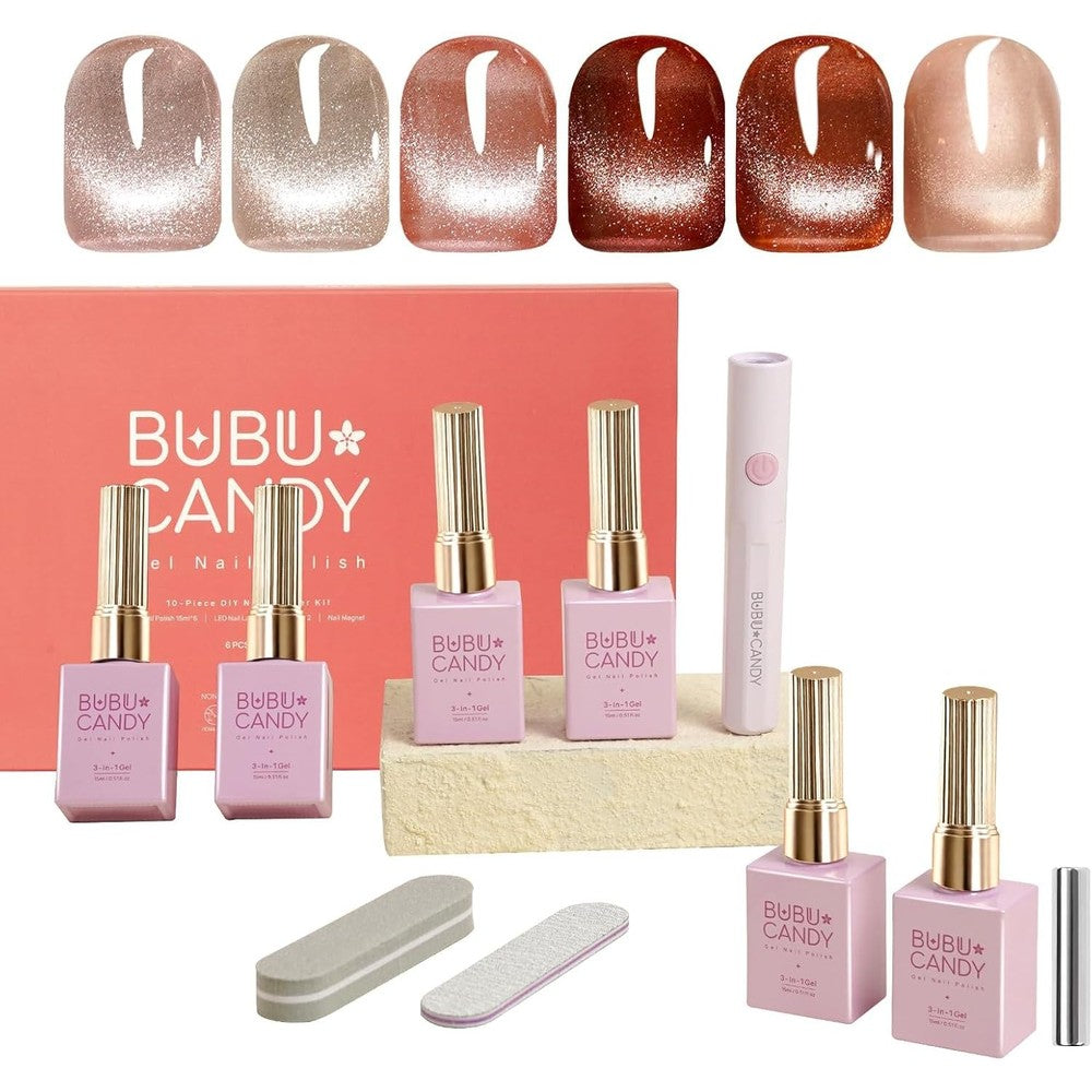 Bubu Candy 6 Piece Cat Eye Gel Nail Polish Set with LED lamp front view