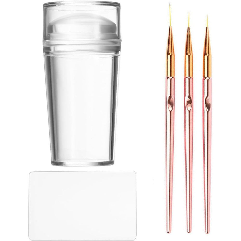 Precious Cosmetics French Tip Nail Stamp Kit front view with silicone stamper and brushes.