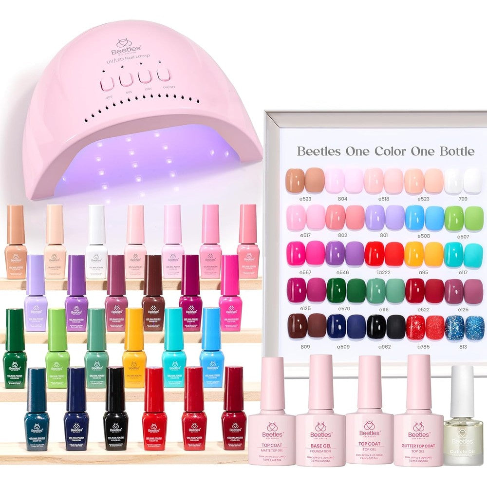 Beetles 51 Piece Gel Nail Polish Kit front view with UV lamp