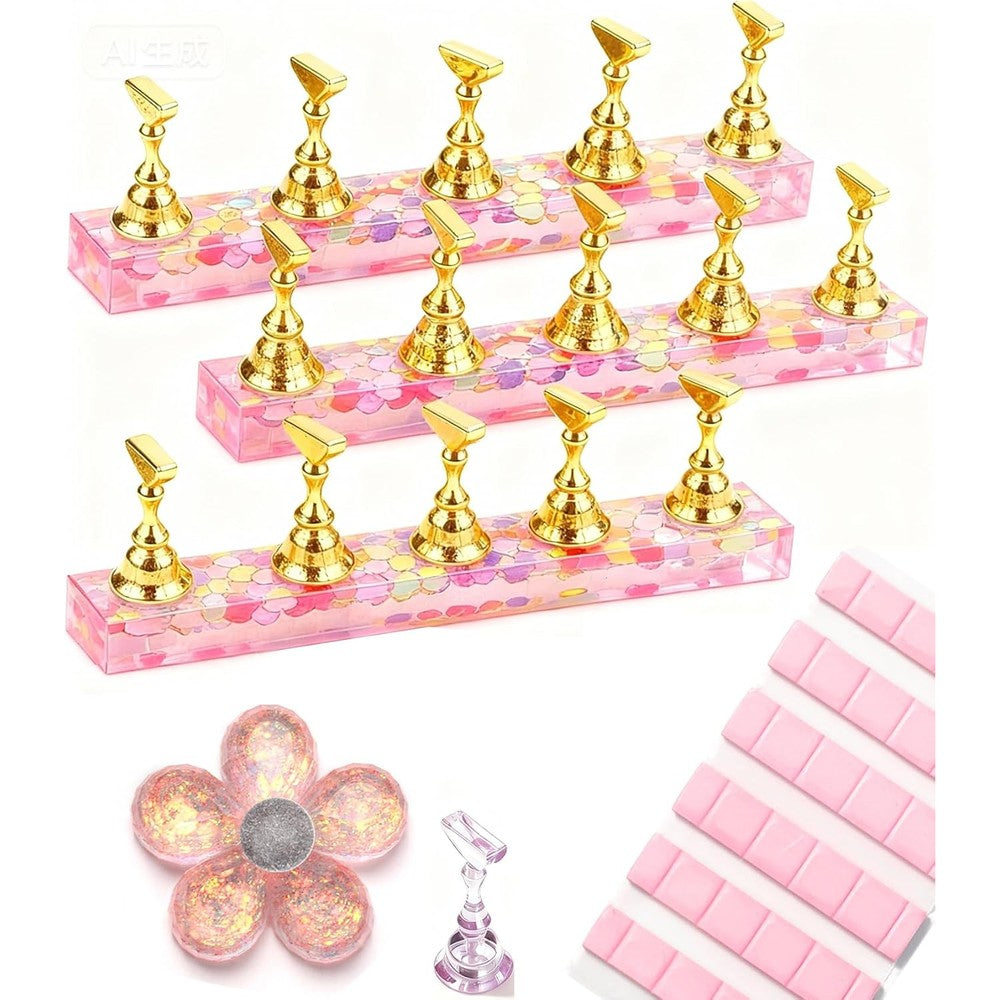 Obeegoo magnetic nail stand set with flower base and gold holders