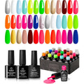 Beetles gel polish front view showing twenty neon color bottles and base and top coats. Commercial beauty kit.