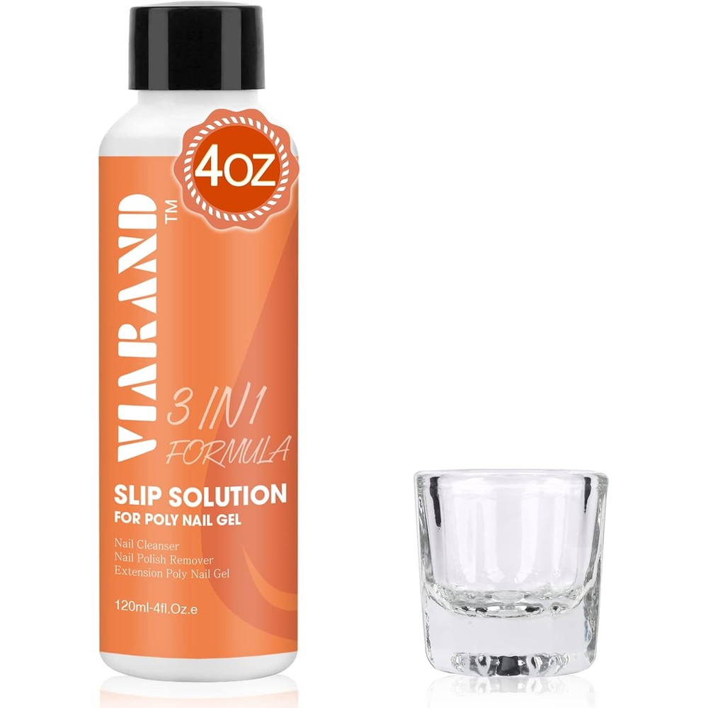 Viarand Poly Gel Slip Solution 4 Fluid Ounce For Nail Extensions With Glass Liquid Cup For Easy DIY Polygel Nail Shaping - Image 1