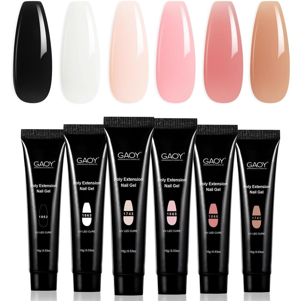 GAOY poly gel set showing six tubes in pink nude and black shades
