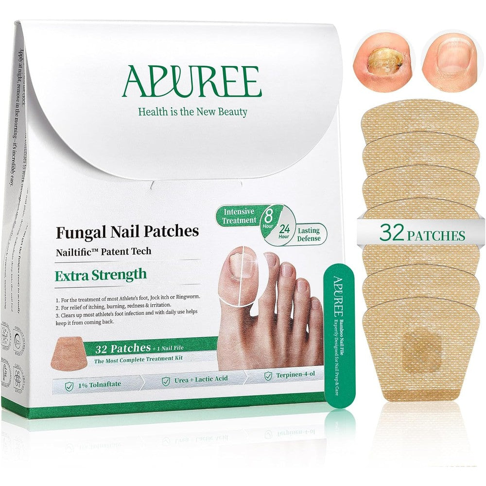 APUREE Fungal Nail Patches Extra Strength front view of the packaging showcasing thirty two overnight toe nail treatment patches.