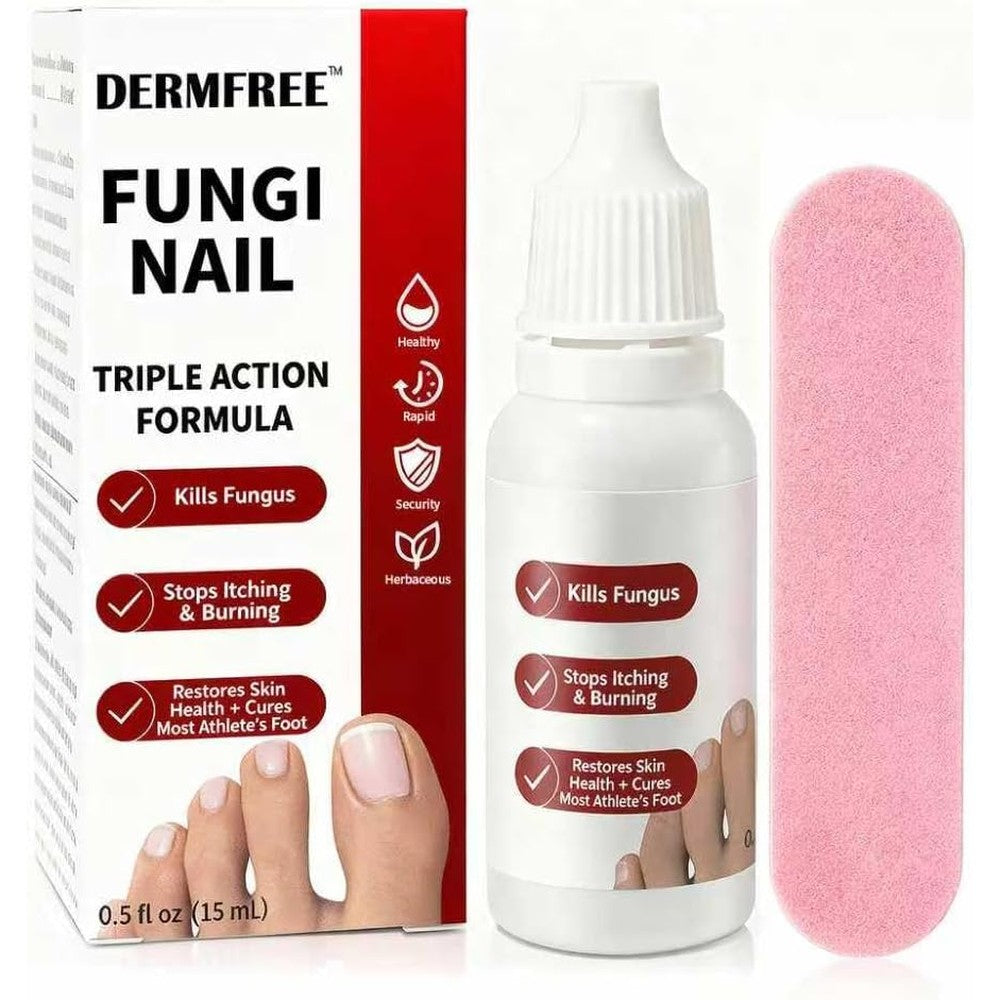 Dermfree Fungi Nail Toenail Treatment Extra Strength front view package showcasing the 0.5 fluid ounce bottle and dropper.