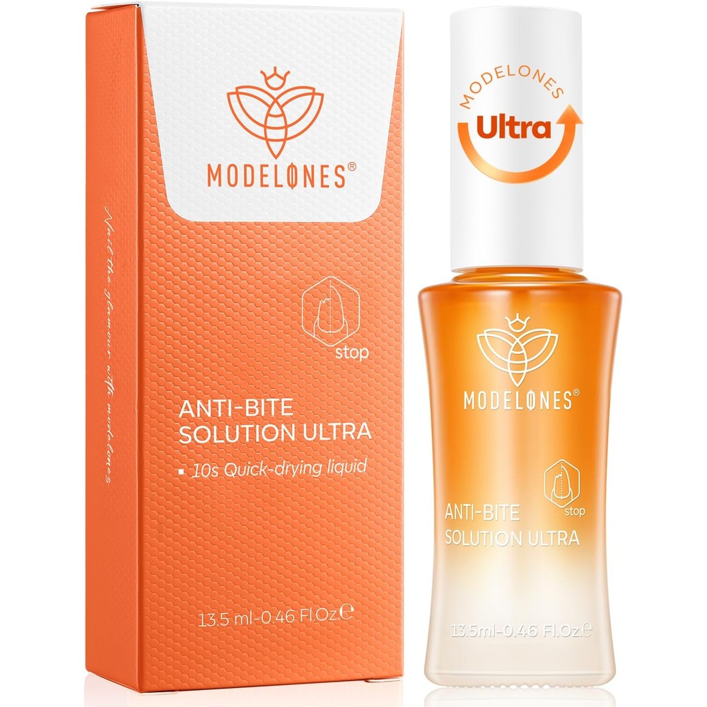 Modelones Nail Biting Treatment front view of the orange packaging box and bottle
