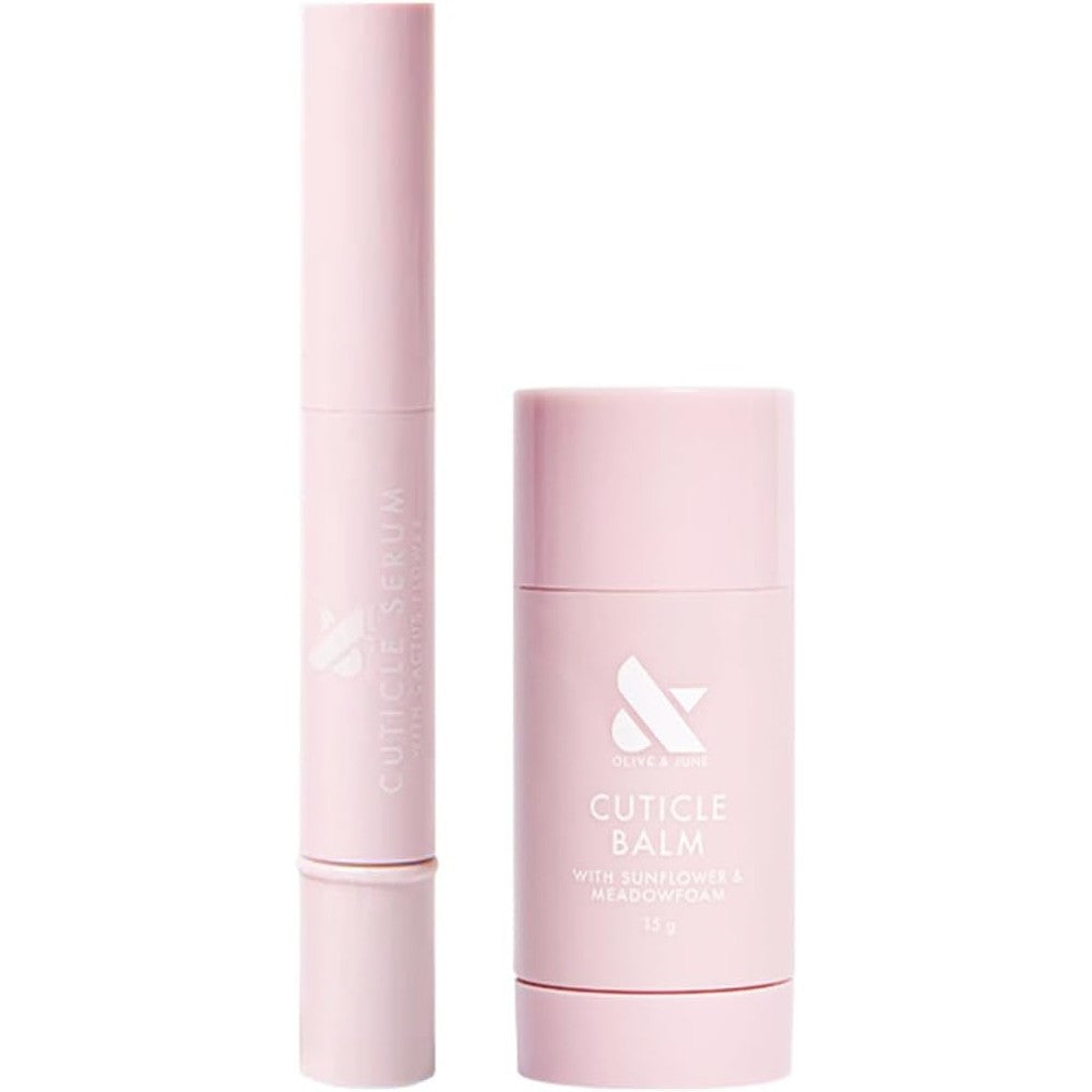 Olive And June Cuticle Hydration Set showing the mini serum pen and nourishing balm stick front view.