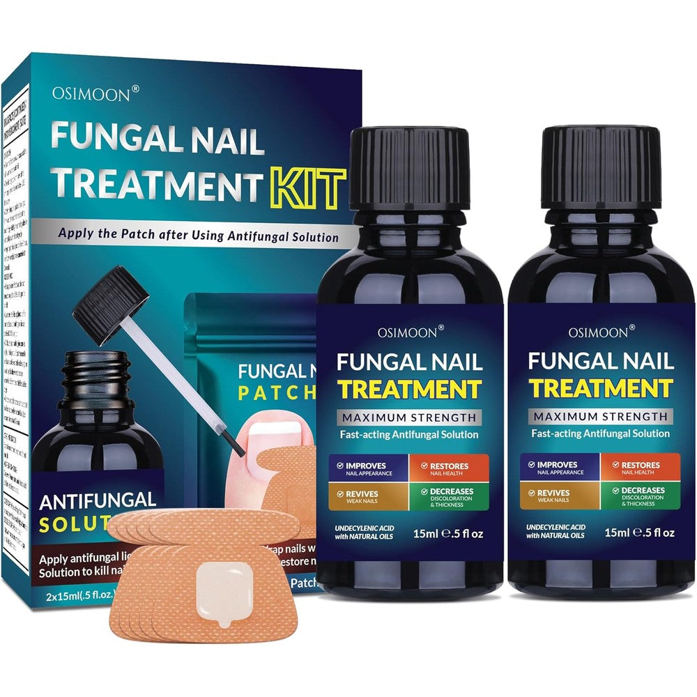 Osimoon Toenail Treatment Liquid and Patches Kit front view showcasing the packaging boxes and essential oil ingredients.