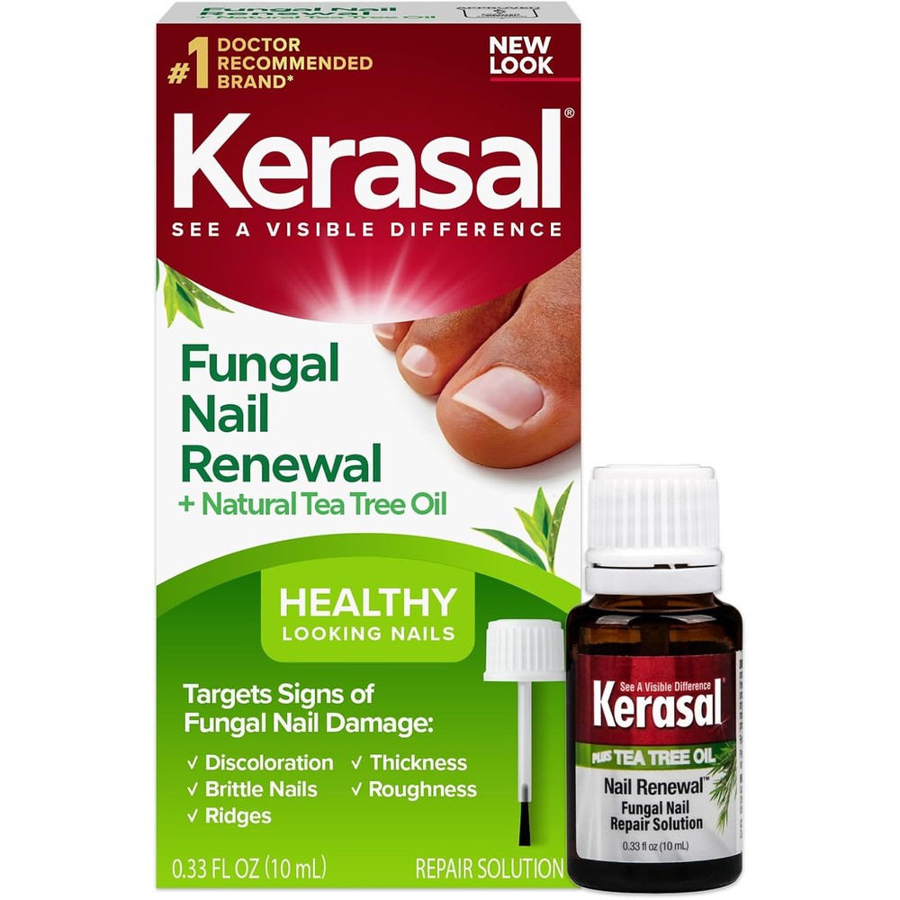 Kerasal Renewal Nail Repair Solution front view showing 10 milliliter bottle and precision brush for damaged nails.