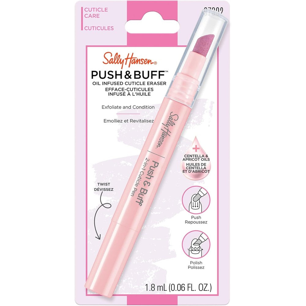Sally Hansen Push And Buff Cuticle Care Pen front view showing packaging for authentic nail treatment.