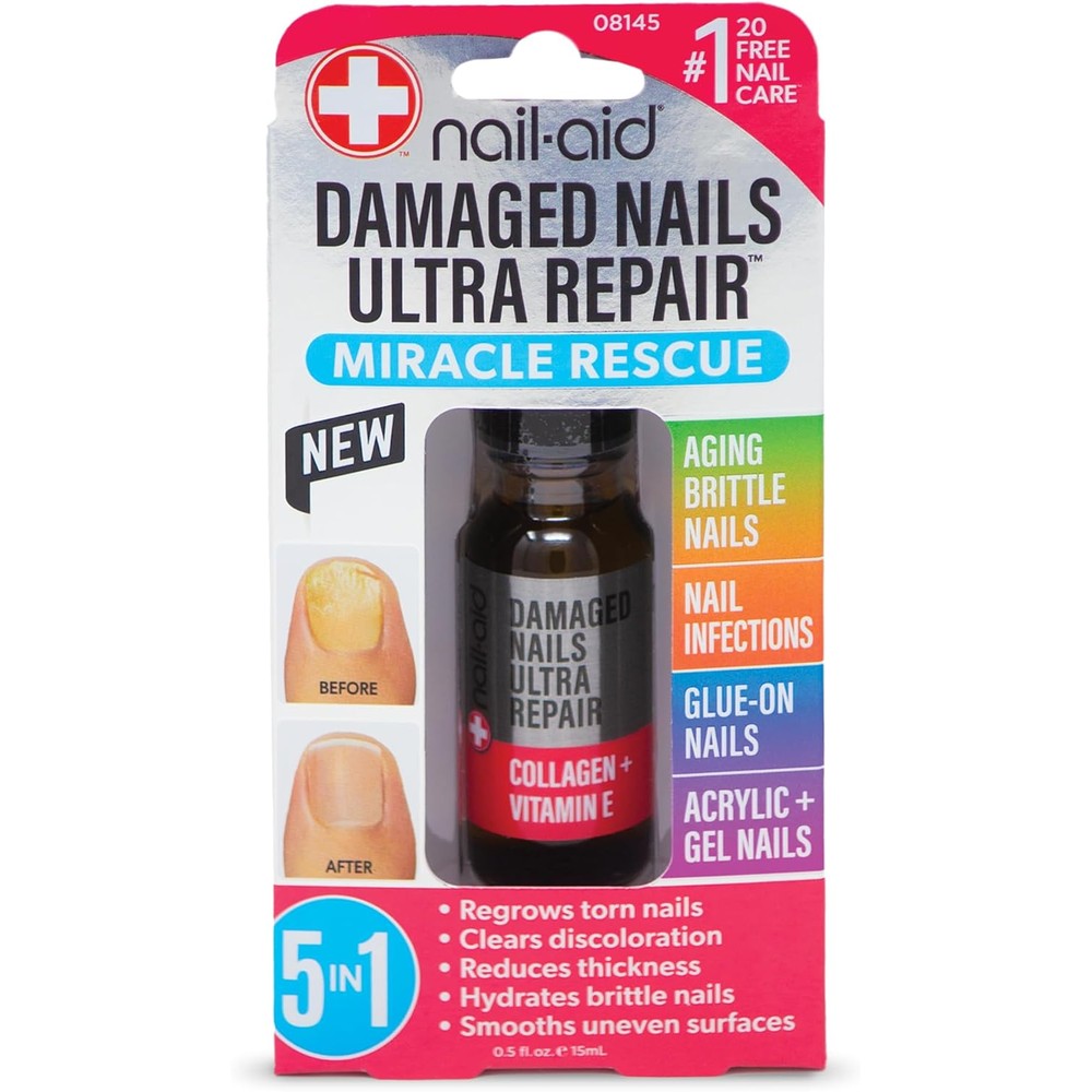 Nail-Aid 5-in-1 Damaged Nails Multi-Repair serum front view showcasing clear packaging.