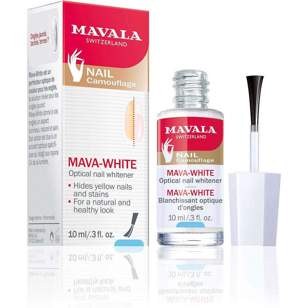 Mavala Switzerland Mava-White Optical Nail Whitener 10 Milliliters front view bottle showing the treatment formula.