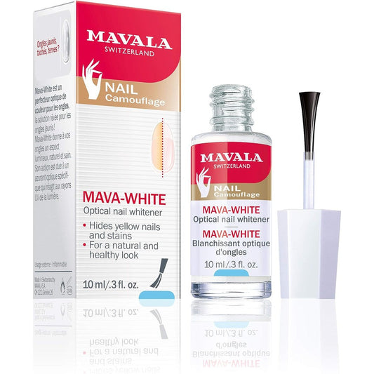 Mavala Switzerland Mava-White Optical Nail Whitener 10 Milliliters front view bottle showing the treatment formula.
