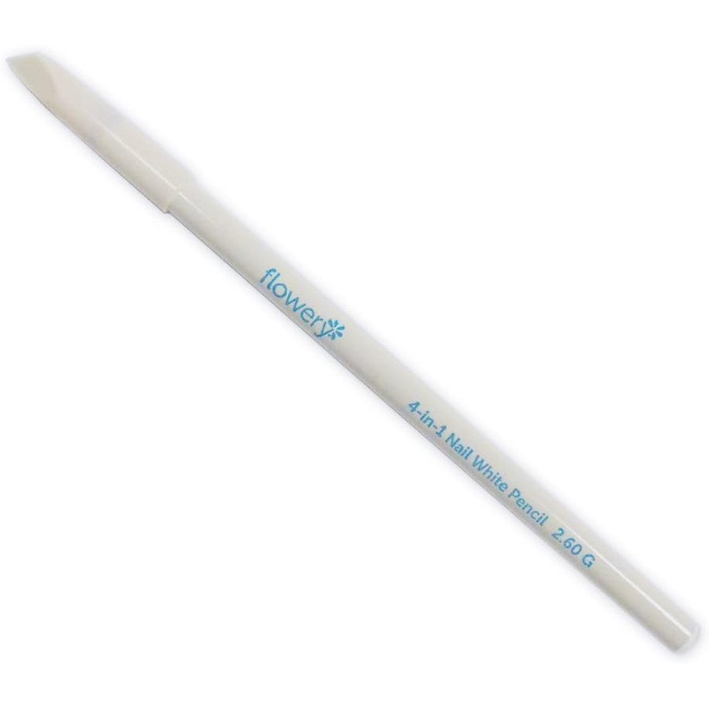 Flowery 4-in-1 White Nail Pencil front view showing the whitening tip and integrated cuticle pusher cap for French manicures.