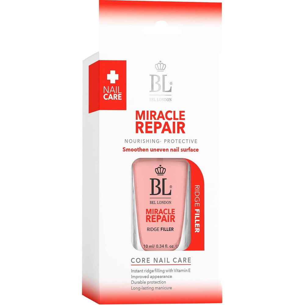 BEL London Miracle Repair Ridge Filler 10ml bottle front view showing the smooth formula for ridge filling nail care.