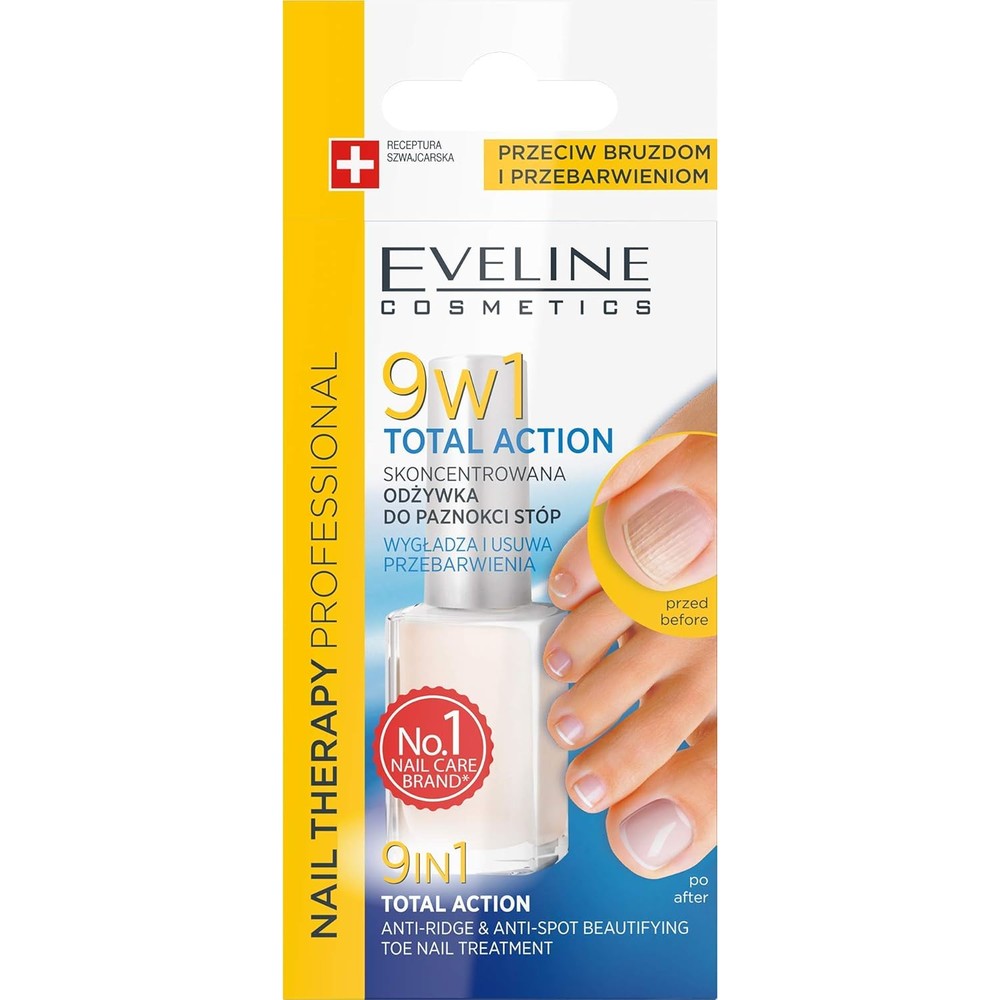 Eveline Cosmetics 9 in 1 Total Action Anti Ridge and Anti Spot Toe Nail Treatment bottle front view showing the 12 milliliter professional packaging.