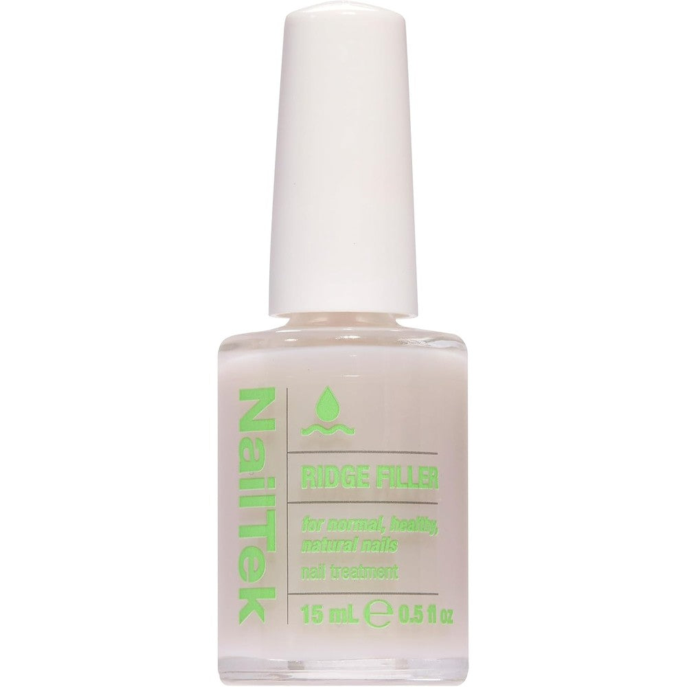 Nail Tek Ridge Filler Formula 1 front view bottle showing clear base coat solution.