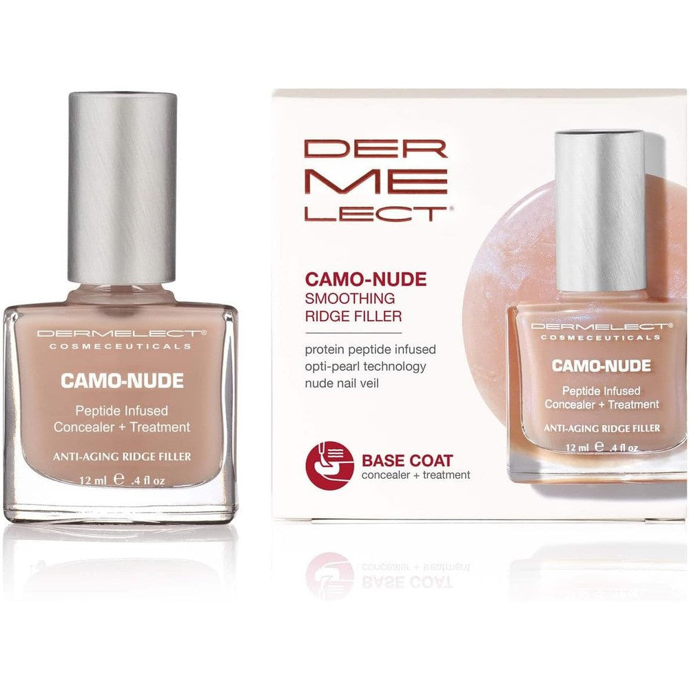 Dermelect Camo-Nude Concealer and Treatment bottle front view showing the sheer nude nail polish formula.