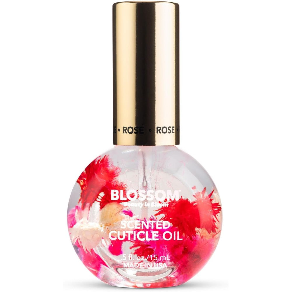 Blossom Rose Cuticle Oil front view showing bottle and real flowers