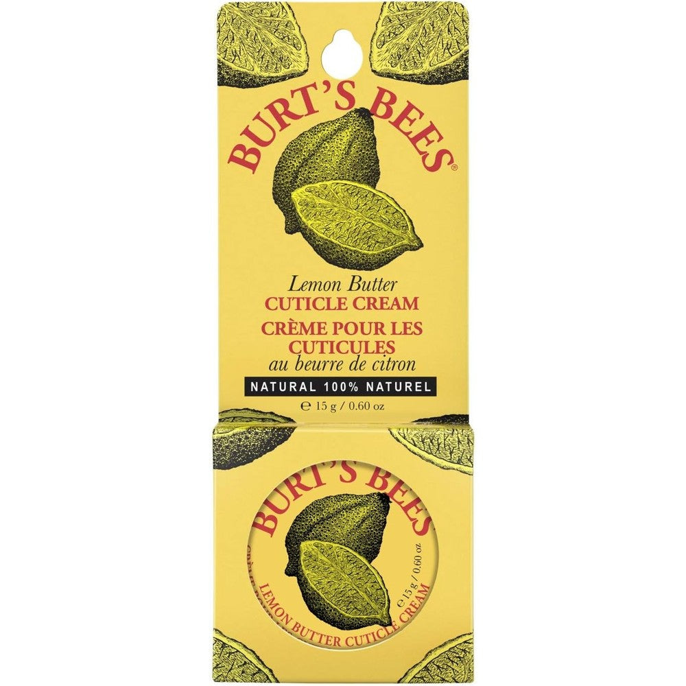 Burt's Bees Lemon Butter Cuticle Cream front view of the yellow tin packaging for intensive nail care