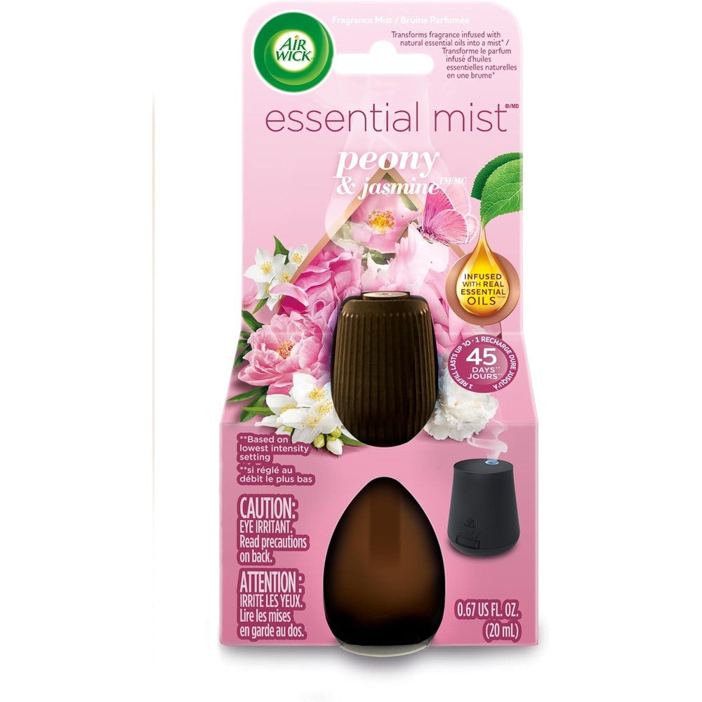 Air Wick Essential Mist Refill Peony and Jasmine front view of 20ml bottle for automatic diffuser.