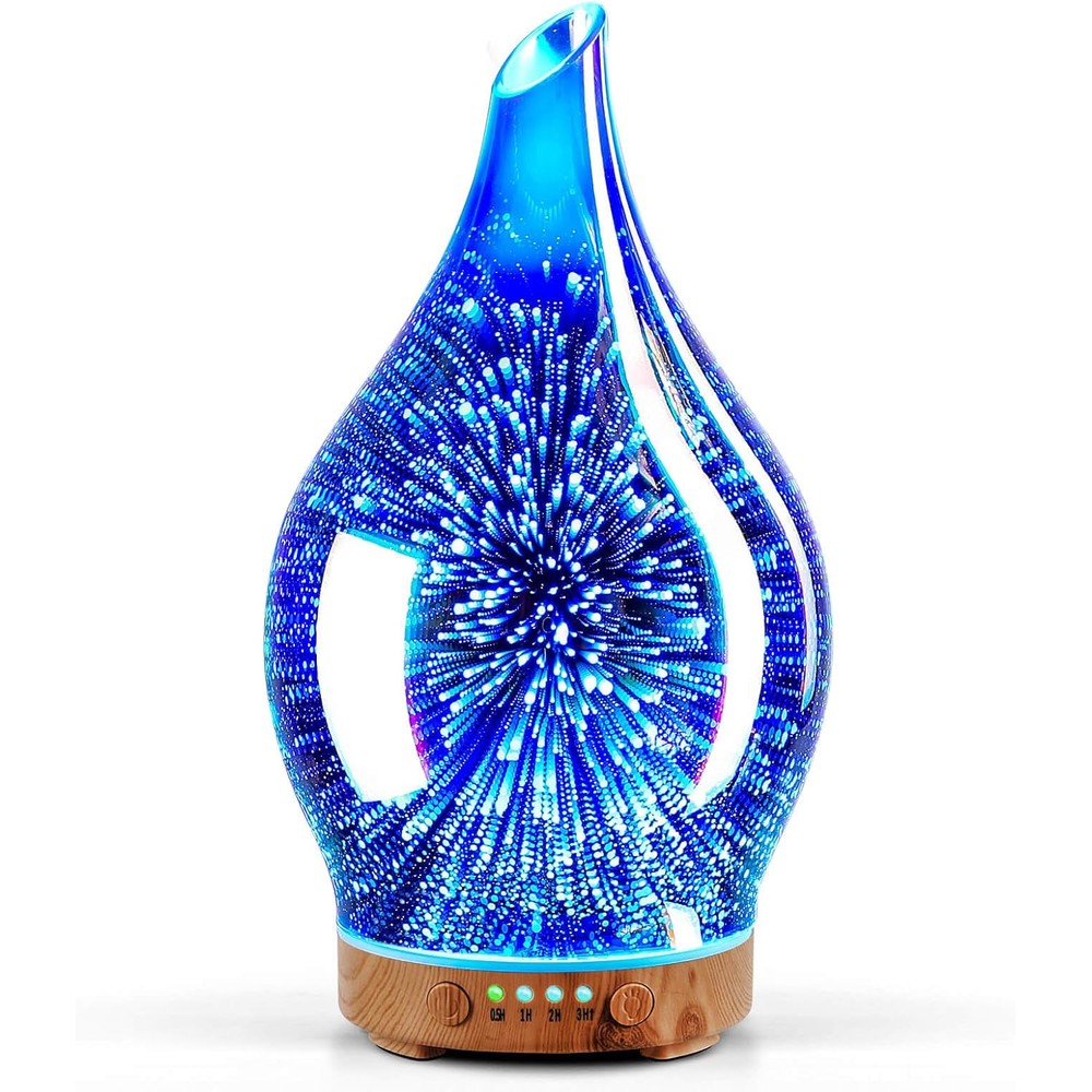 Porseme 3D glass essential oil diffuser front view showing firework light effect