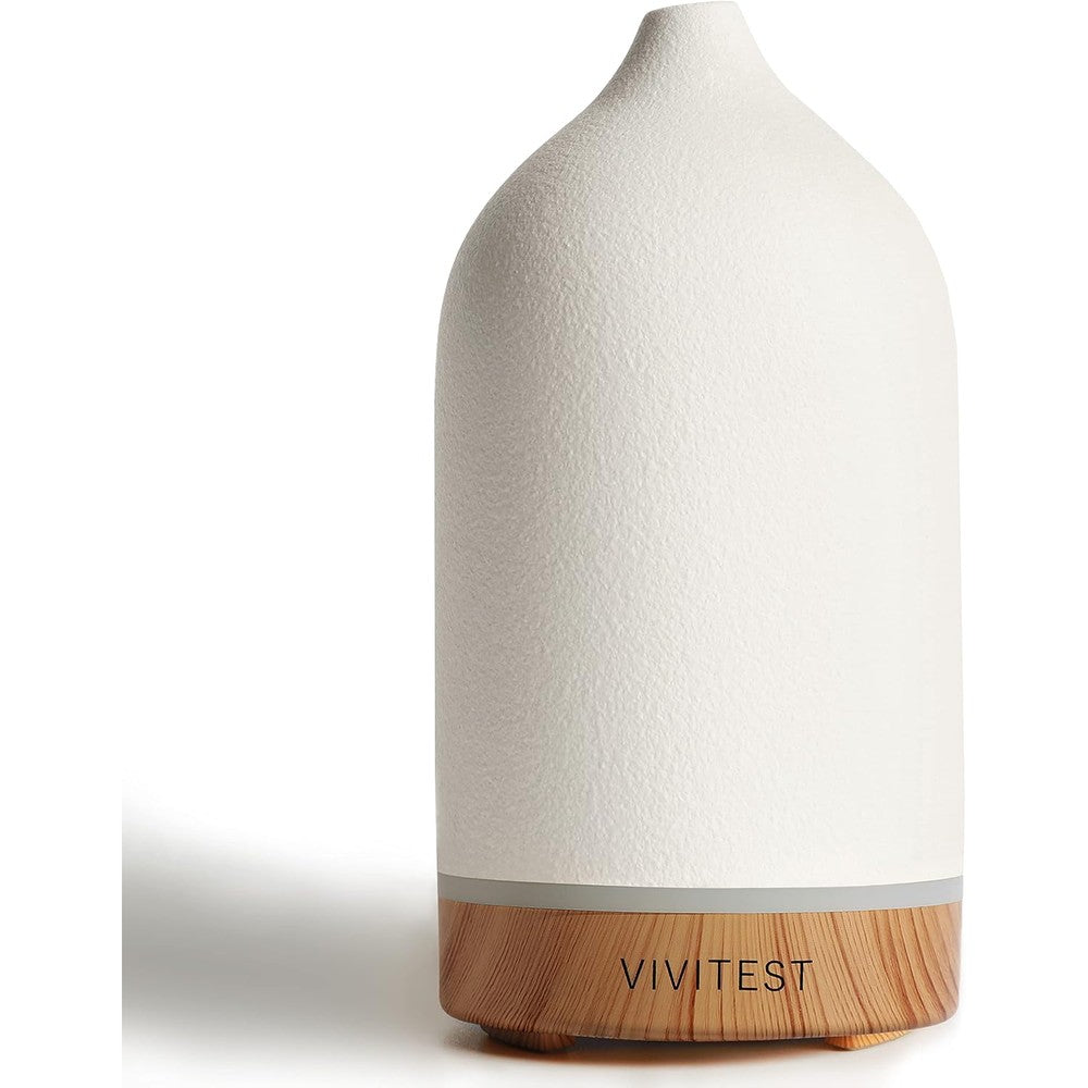 VIVITEST Ceramic Essential Oil Diffuser front view in white stone finish for aromatherapy.