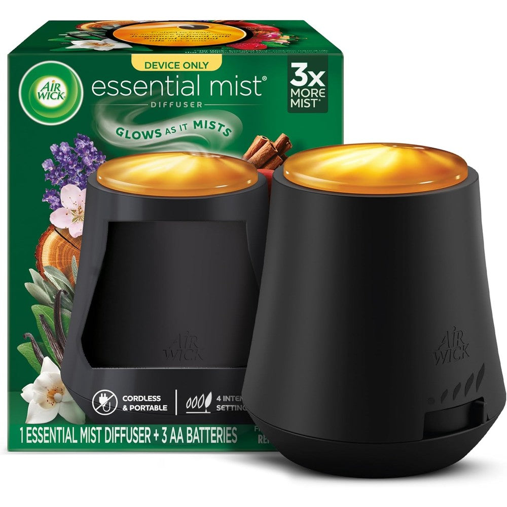Air Wick Essential Mist Diffuser front view of black battery operated unit