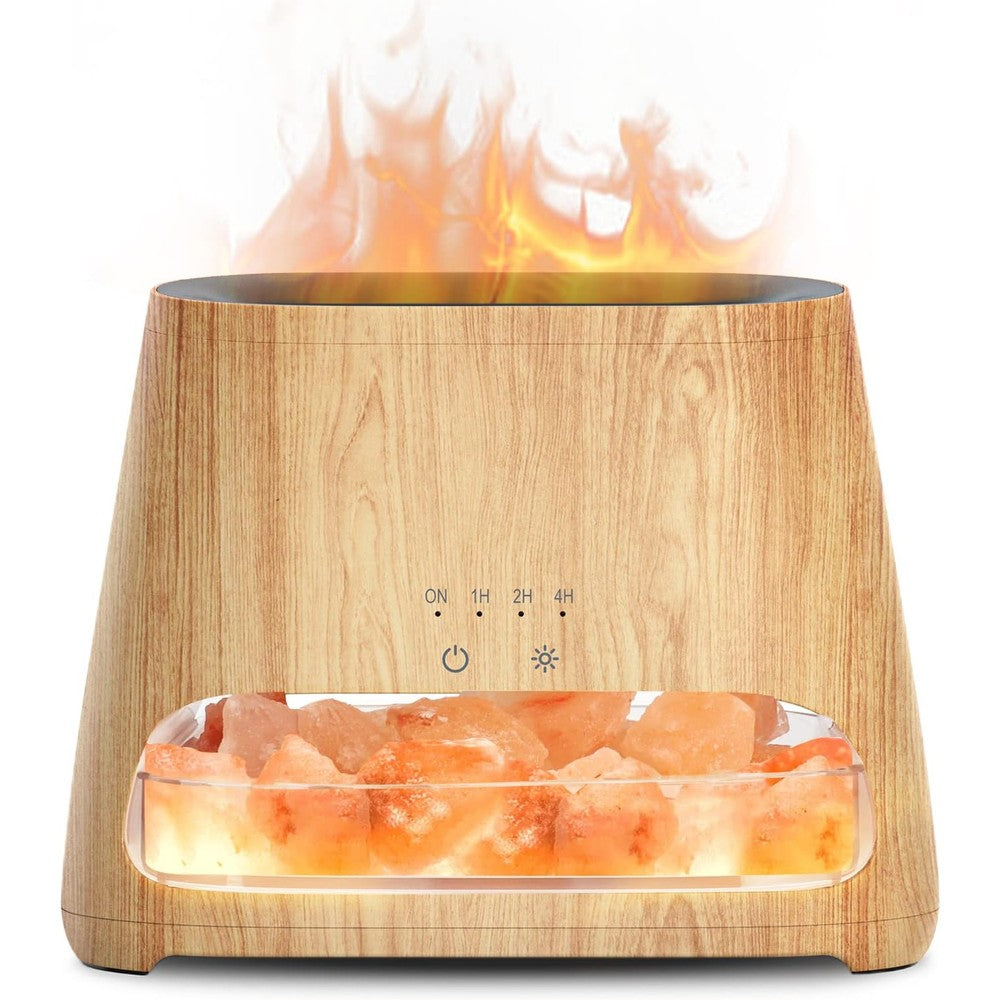 SALKING 2-in-1 Ultrasonic Essential Oil Diffuser and Himalayan Salt Lamp front view showing wood grain finish.