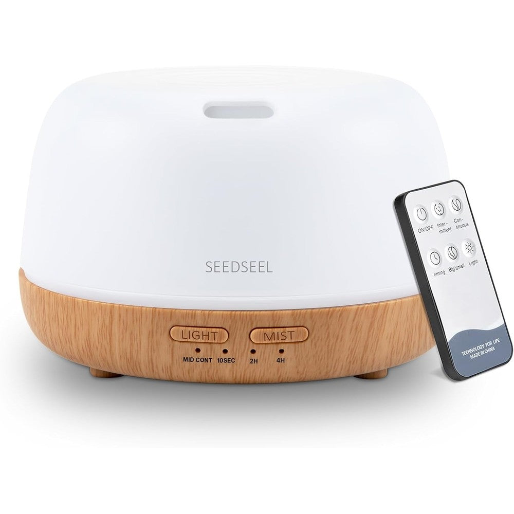 SEEDSEEL 300ml Essential Oil Diffuser front view with wood grain base and white cover.