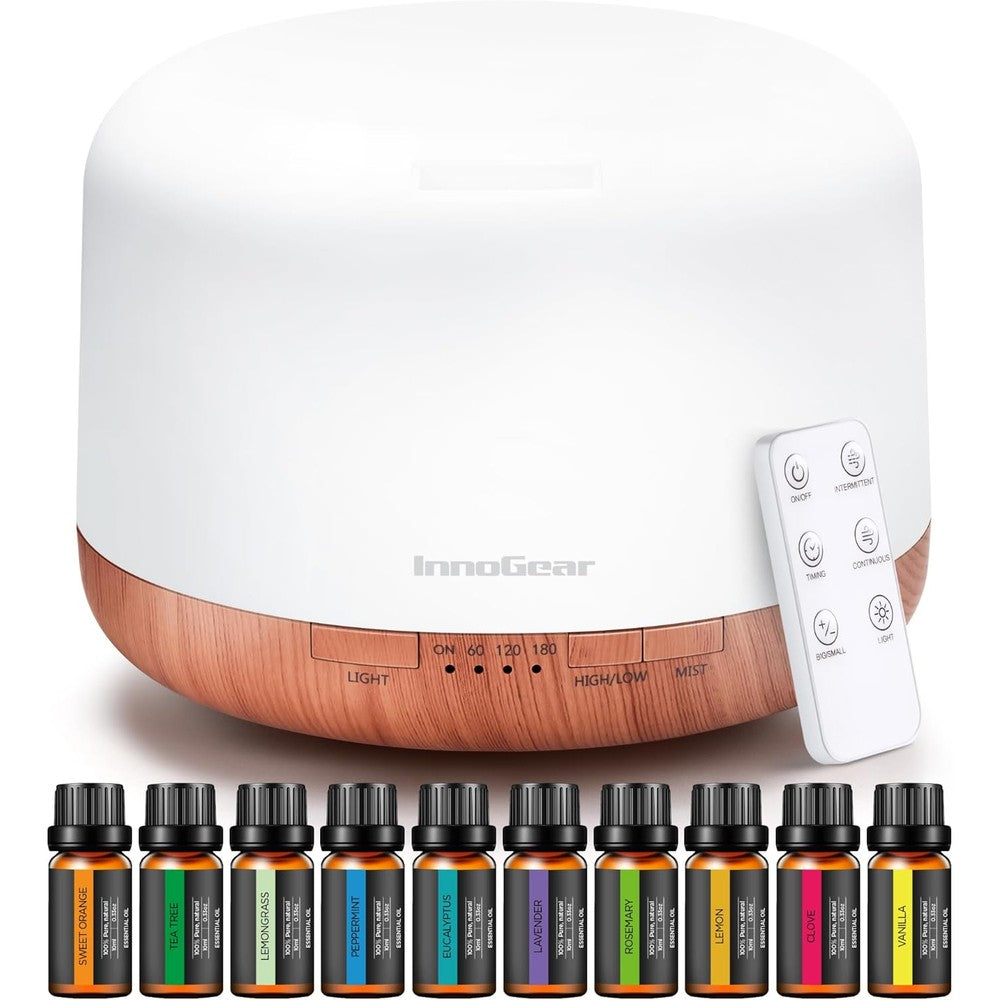 InnoGear Aromatherapy Diffuser 500ml set with 10 essential oils front view for home wellness.
