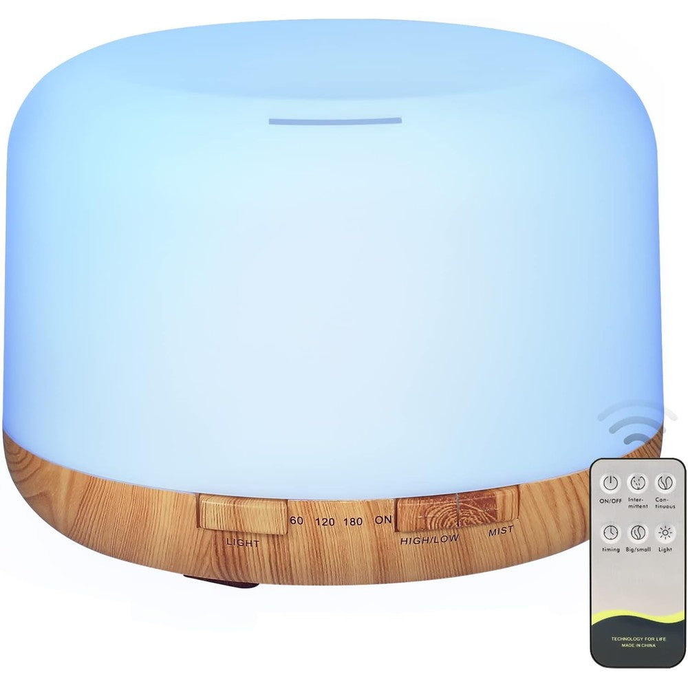 Yikubee 500ml essential oil diffuser front view in wood grain finish.