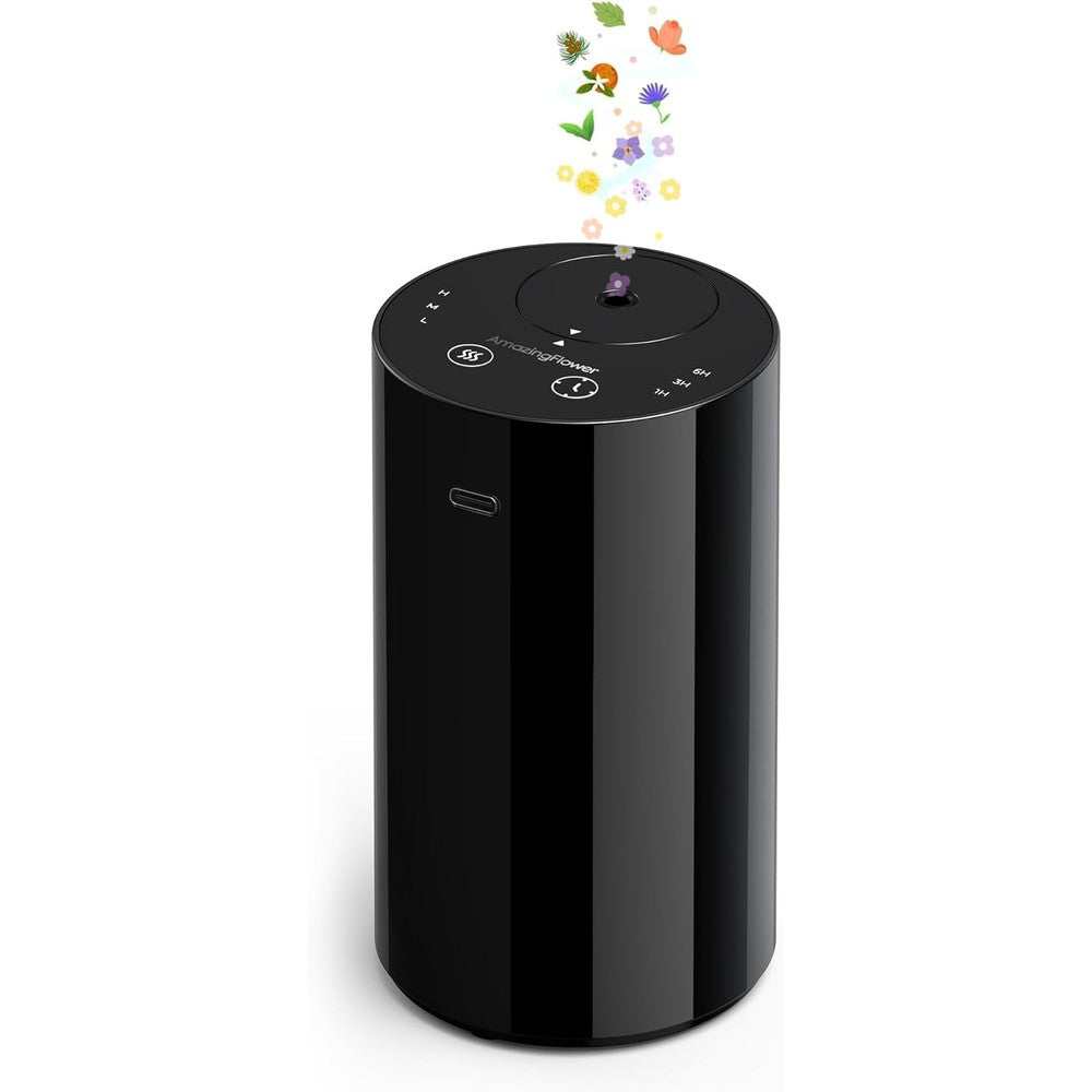Amazing Flower waterless essential oil diffuser front view in black for car aromatherapy.