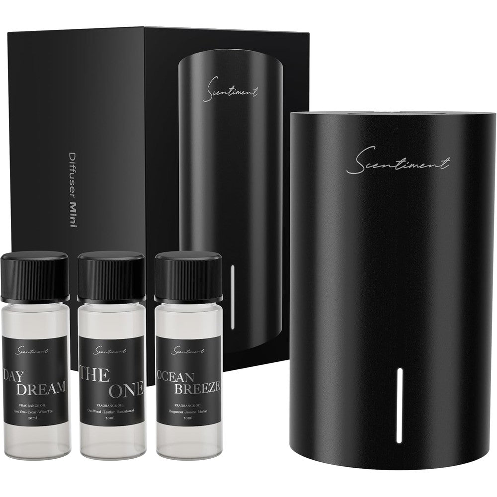 Scentiment Mini V2 LE Diffuser Discovery Kit in black aluminum front view for luxury home scenting.