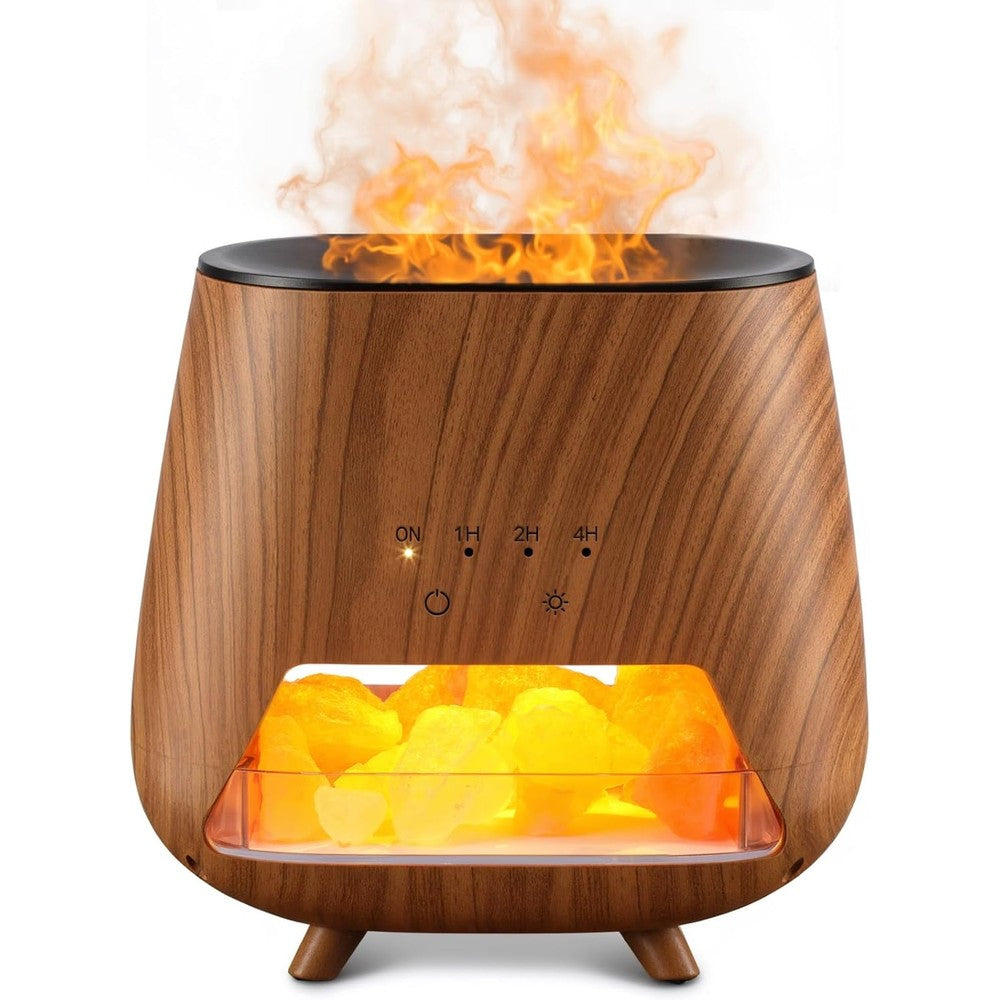 JJNJJN Essential Oil Diffuser front view with Himalayan salt rocks and wood grain finish.