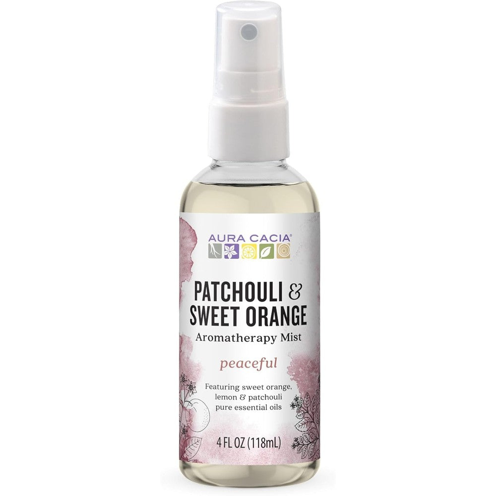 Aura Cacia Patchouli and Sweet Orange Aromatherapy Mist front view of aluminum bottle.