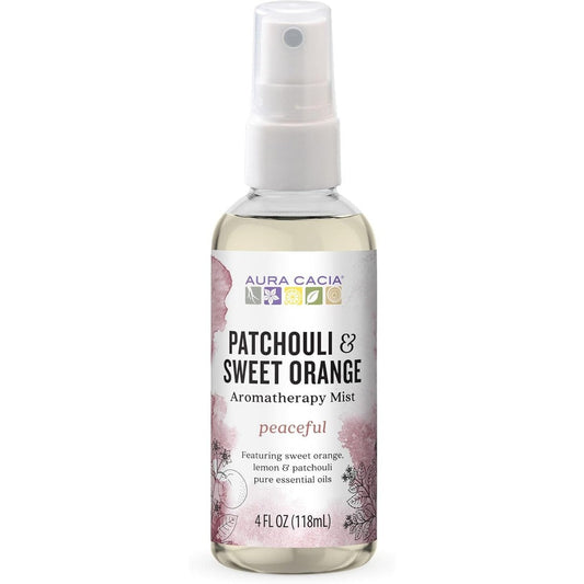 Aura Cacia Patchouli and Sweet Orange Aromatherapy Mist front view of aluminum bottle.