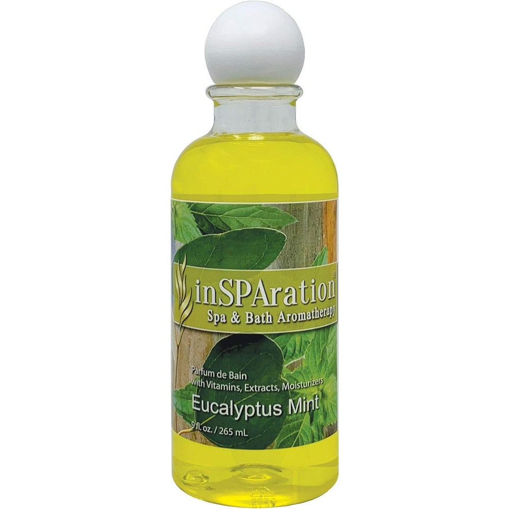 InSPAration Eucalyptus Mint Spa Fragrance 9 Fluid Ounce bottle front view showing liquid aromatherapy.
