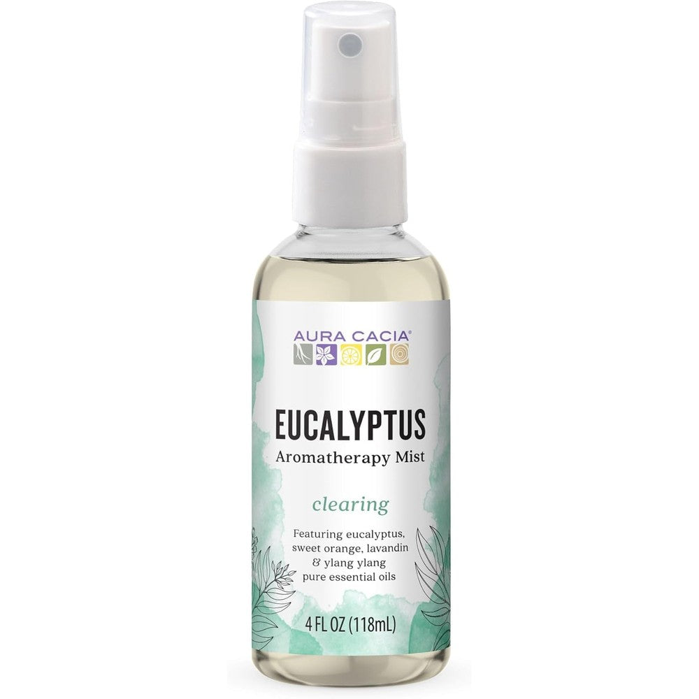 Aura Cacia Clearing Eucalyptus Aromatherapy Mist 4 Fluid Ounce front view bottle.