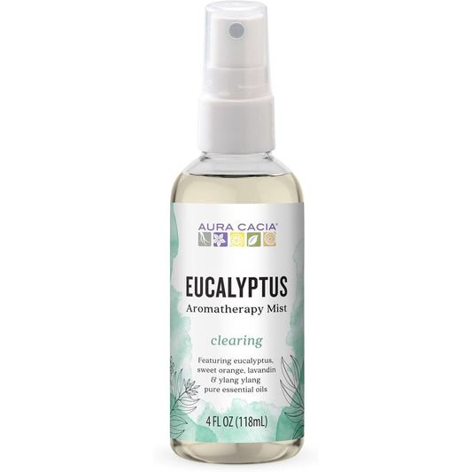 Aura Cacia Clearing Eucalyptus Aromatherapy Mist 4 Fluid Ounce front view bottle.