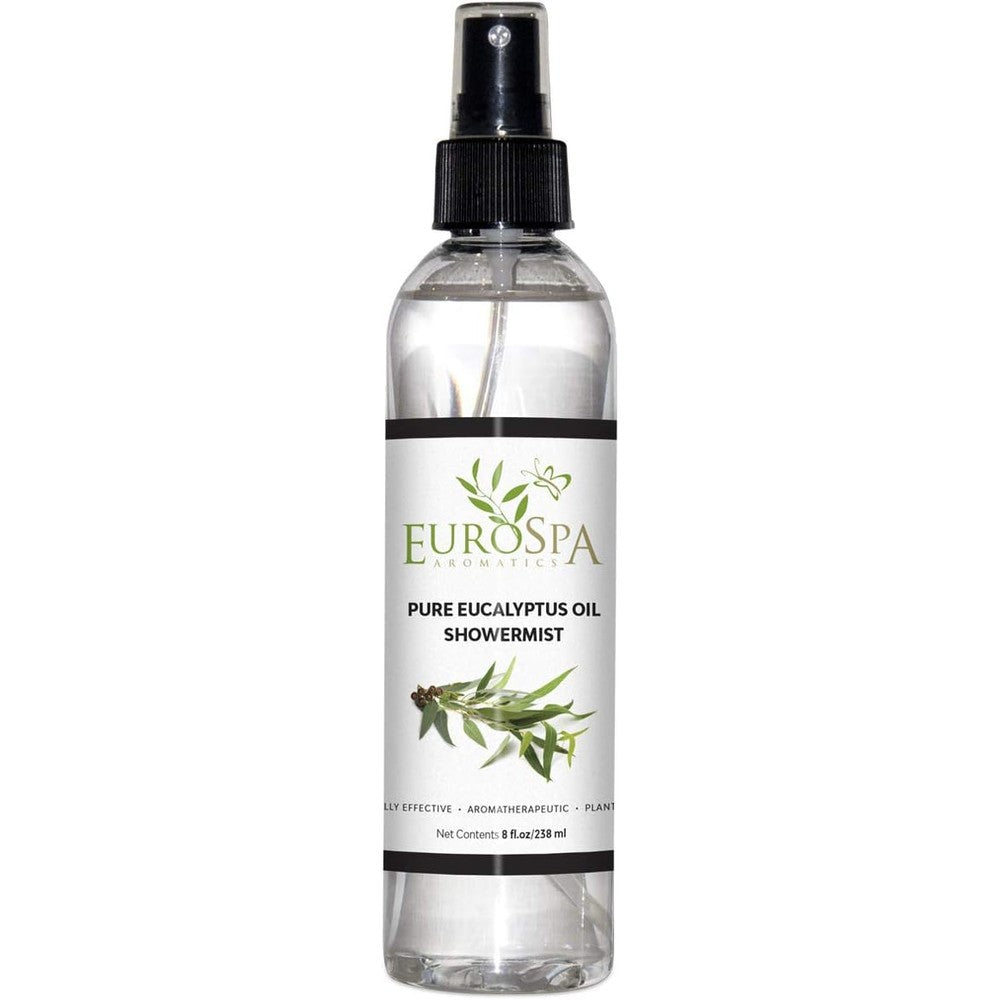 EuroSpa Aromatics Pure Eucalyptus Oil ShowerMist 8 Ounce front view bottle for aromatherapy.