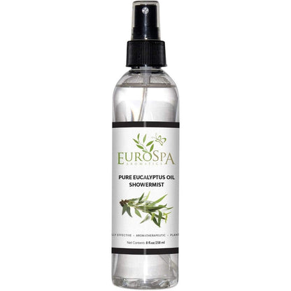 EuroSpa Aromatics Pure Eucalyptus Oil ShowerMist 8 Ounce front view bottle for aromatherapy.