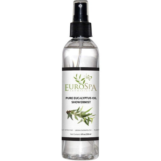 EuroSpa Aromatics Pure Eucalyptus Oil ShowerMist 8 Ounce front view bottle for aromatherapy.