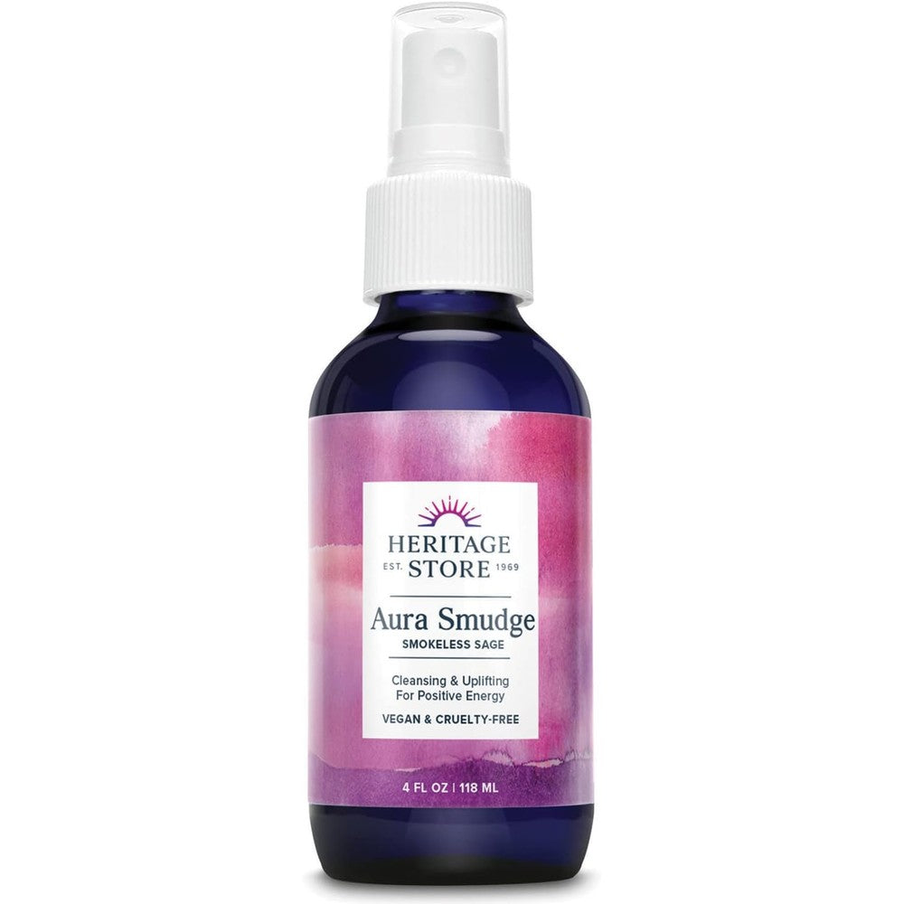 Heritage Store Aura Smudge Smokeless Sage spray bottle front view for energy cleansing.