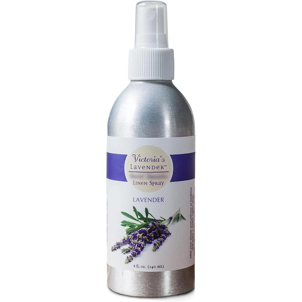 Victoria's Lavender Pillow Mist and Linen Spray front view of 8 ounce silver bottle.