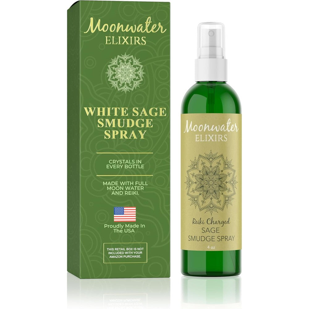 Moonwater Elixirs White Sage Smudge Spray 4 Ounce bottle front view for spiritual cleansing