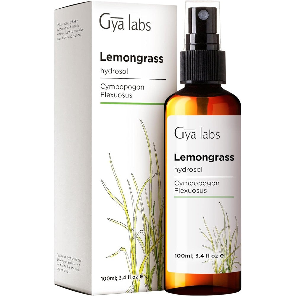 Gya Labs Lemongrass Hydrosol 3.4 Fluid Ounce bottle front view for facial toning.