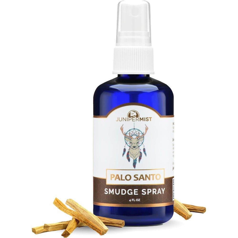 Juniper Mist Palo Santo and Sage Smudge Spray blue bottle front view for energy clearing.